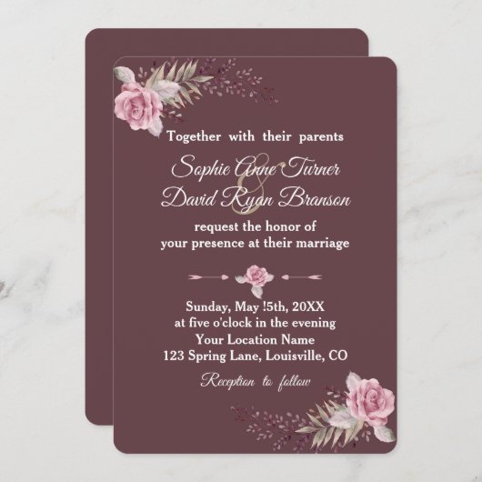 Marsala Maroon Bloemen Waterverf bruiloft Uitnodig Kaart (Voorkant / Achterkant)