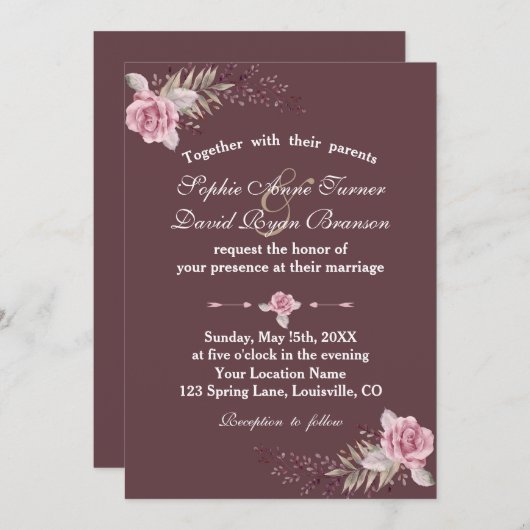 Marsala Maroon Bloemen Waterverf Trouw Uitnodiging (Voorkant / Achterkant)