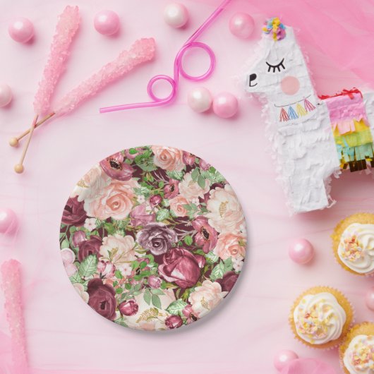 Marsala Maroon Bourgogne Rustieke Bloemen Papieren Bordje (Feest)