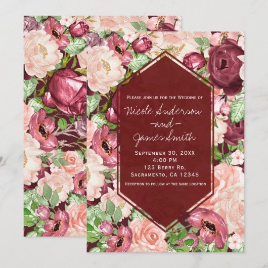 Marsala Maroon Burgundy Rusticale Bloemige Bruilof Kaart (Voorkant / Achterkant)