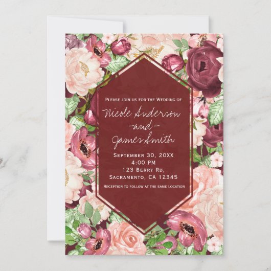 Marsala Maroon Burgundy Rustieke Bloem Bruiloft Kaart (Voorkant)