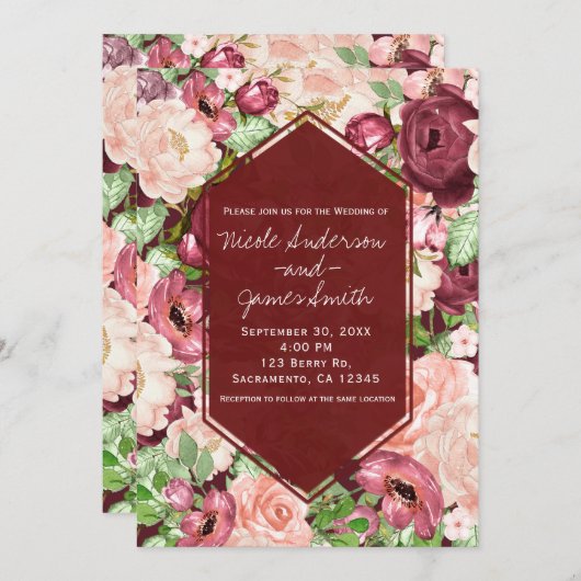 Marsala Maroon Burgundy Rustische Bloemige Bruilof Kaart (Voorkant / Achterkant)