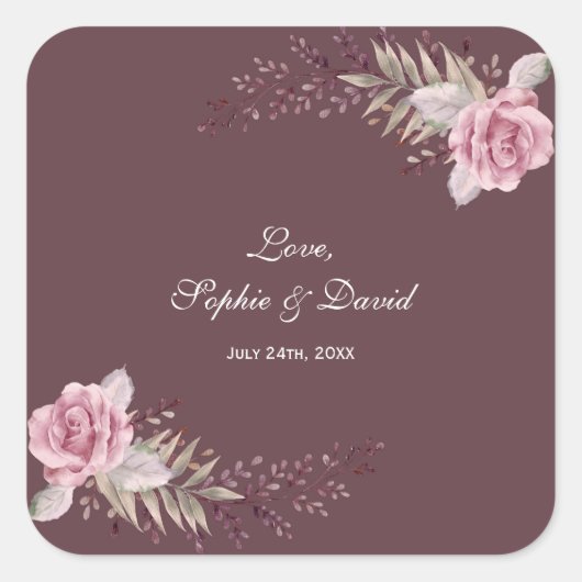 Marsala Maroon Floral Waterverf bruiloft Vierkante Sticker (Voorkant)