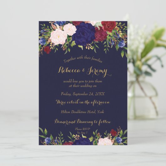 Marsala Marsala Wijn Bloemen Huwelijksuitnodiging Kaart (Staand voorkant)