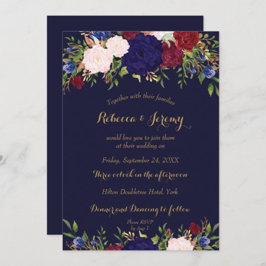 Marsala Marsala Wijn Bloemen Huwelijksuitnodiging Kaart (Voorkant / Achterkant)