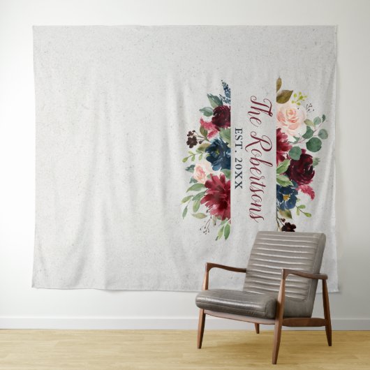 Marsala & Navy Bloem Bruidsfeest Bruiloft Custom Wandkleed (In Situ (horizontaal))