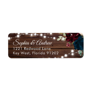 Marsala & Navy Bloemen Bruiloft Houten Adreskaart Etiket