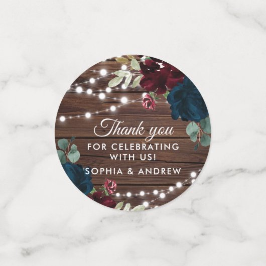 Marsala & Navy Bloemen Bruiloftstafel Rustic Hout Confetti (Kleine voorkant)