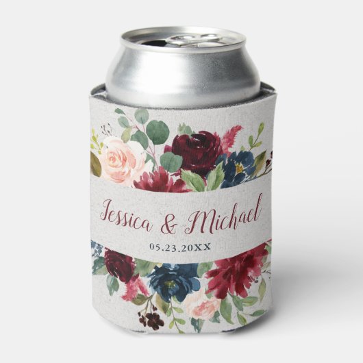 Marsala & Navy Bloemen Mr. & Mrs. Huwelijksgunst Blikjeskoeler (Blikje Voorkant)
