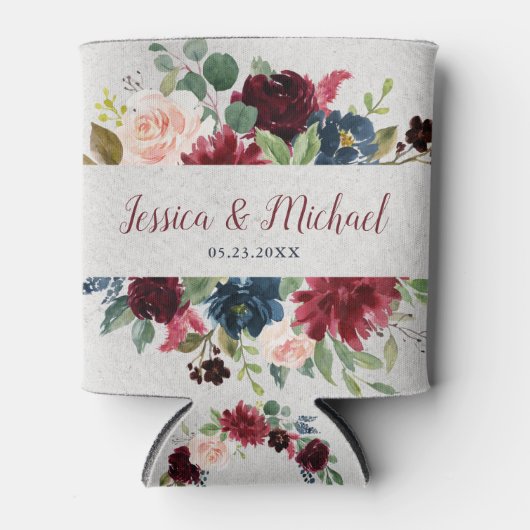 Marsala & Navy Bloemen Mr. & Mrs. Huwelijksgunst Blikjeskoeler (Voorkant)