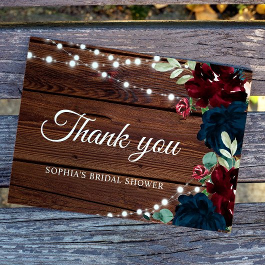 Marsala & Navy Bloemen Rustic Bruiloftsborrel Bedankkaart