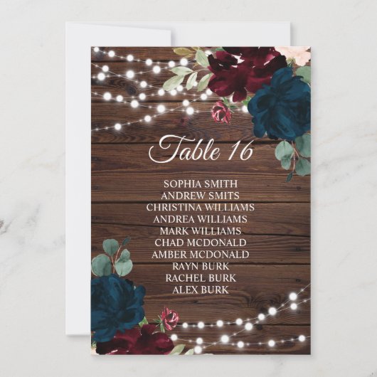 Marsala & Navy Bloemen Rustieke Zitting Grafiek 16 Kaart (Voorkant)