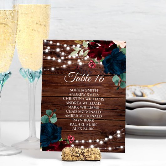 Marsala & Navy Bloemen Rustieke Zitting Grafiek 16 Kaart