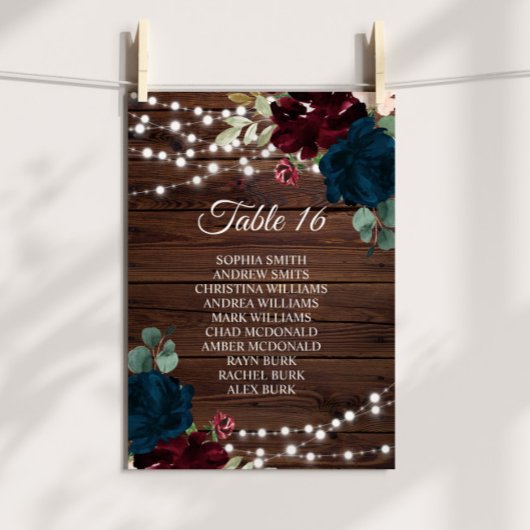 Marsala & Navy Bloemen Rustieke Zitting Grafiek 16 Kaart