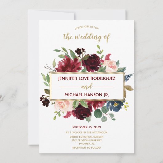 Marsala Navy Blue Gold Bouquet Wedding Kaart (Voorkant)