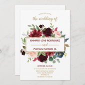 Marsala Navy Blue Gold Bouquet Wedding Kaart (Voorkant / Achterkant)