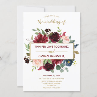 Marsala Navy Blue Gold Bouquet Wedding Kaart