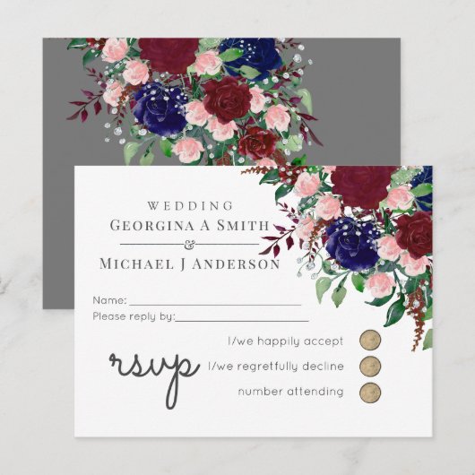 Marsala Navy Blue Pink Wedding Uitnodiging Briefkaart (Voorkant / Achterkant)