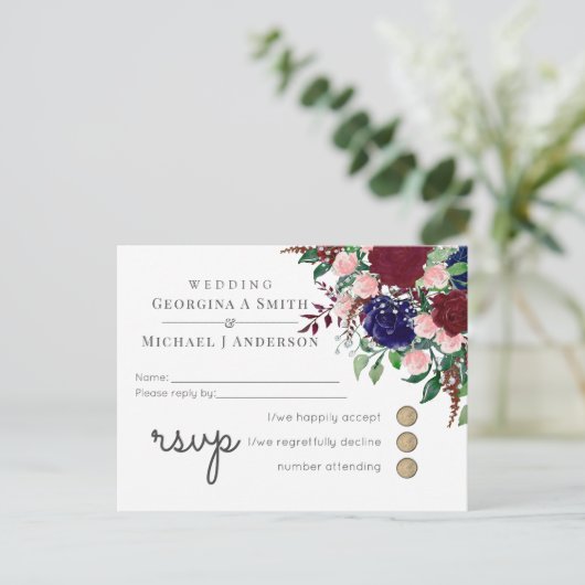 Marsala Navy Blue Pink Wedding Uitnodiging Briefkaart (Staand voorkant)