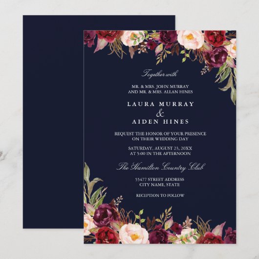 Marsala Navy Bourgondië Waterverf Bloemen Huwelijk Kaart (Voorkant / Achterkant)