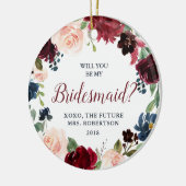 Marsala & Navy Floral Bridesmaid-voorstel Aangepas Keramisch Ornament (Links)