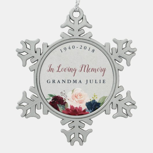 Marsala & Navy Floral gepersonaliseerd Memorial Tin Sneeuwvlok Ornament (Voorkant)