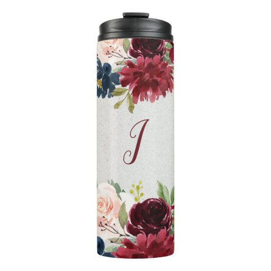 Marsala & Navy Floral, gepersonaliseerd roestvrij  Thermosbeker (Voorkant)