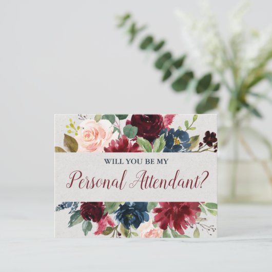 Marsala & Navy Floral Personal Attendant proposal Briefkaart (Staand voorkant)