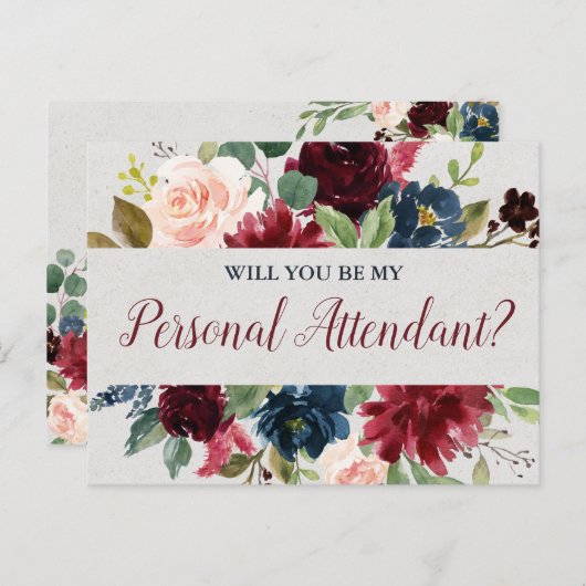 Marsala & Navy Floral Personal Attendant proposal Briefkaart (Voorkant / Achterkant)