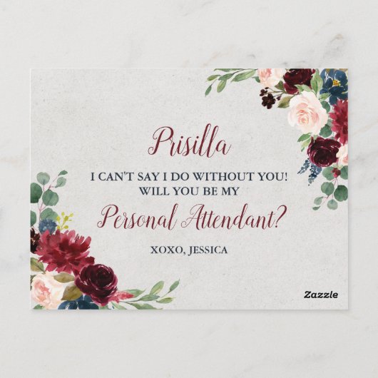 Marsala & Navy Floral Personal Attendant proposal Briefkaart (Achterkant)