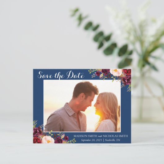 Marsala Navy Floral Photo Save The Date Briefkaart (Staand voorkant)