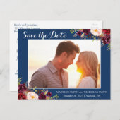 Marsala Navy Floral Photo Save The Date Briefkaart (Voorkant / Achterkant)