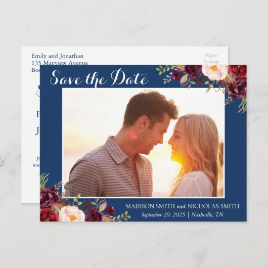 Marsala Navy Floral Photo Save The Date Briefkaart (Voorkant / Achterkant)