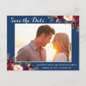 Marsala Navy Floral Photo Save The Date Briefkaart (Voorkant)