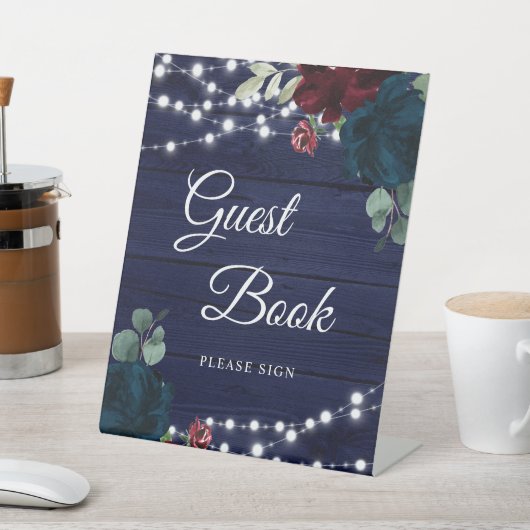Marsala & Navy Floral Rustic Wood Guest Book Sign Reclamebord Met Voetstuk (Insitu)