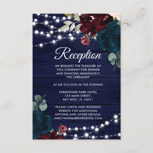 Marsala & Navy Floral Rustic Wood Reception Informatiekaartje (Voorkant)