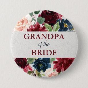 Marsala & Navy Floral Shabby Chic Grandpa of Bride Ronde Button 7,6 Cm
