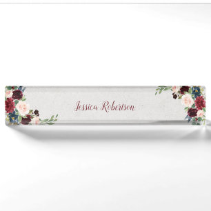 Marsala & Navy Floral Shabby Chic Kantoor Custom Naambordje