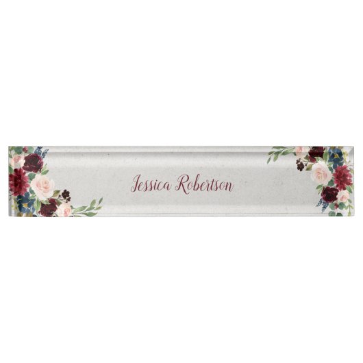 Marsala & Navy Floral Shabby Chic Kantoor Custom Naambordje (Voorkant)