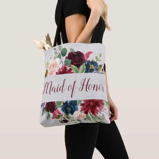 Marsala & Navy Floral Shabby Chic Maid of Honor Tote Bag (Dichtbij)