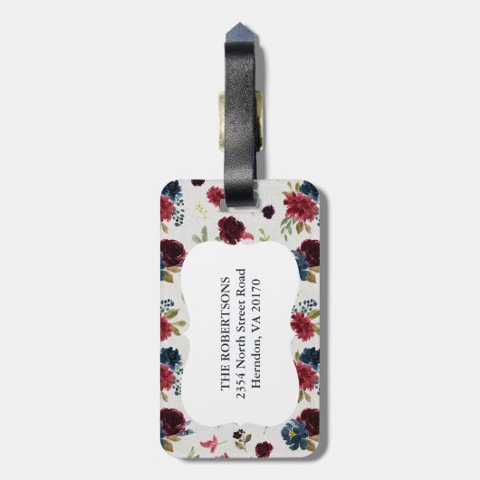 Marsala & Navy Floral Shabby Chic Monogram Aangepa Bagagelabel (Achterkant verticaal)