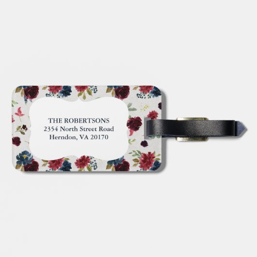 Marsala & Navy Floral Shabby Chic Monogram Aangepa Bagagelabel (Achterkant horizontaal)