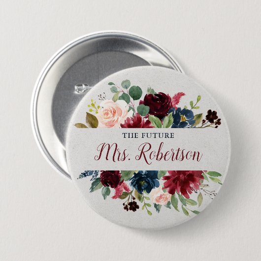 Marsala & Navy Floral Specialized Future Mrs. Ronde Button 7,6 Cm (Voorkant /achterkant)