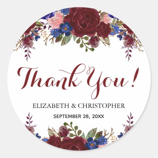 Marsala Navy Floral Wedding Bedankt Ronde Sticker (Voorkant)