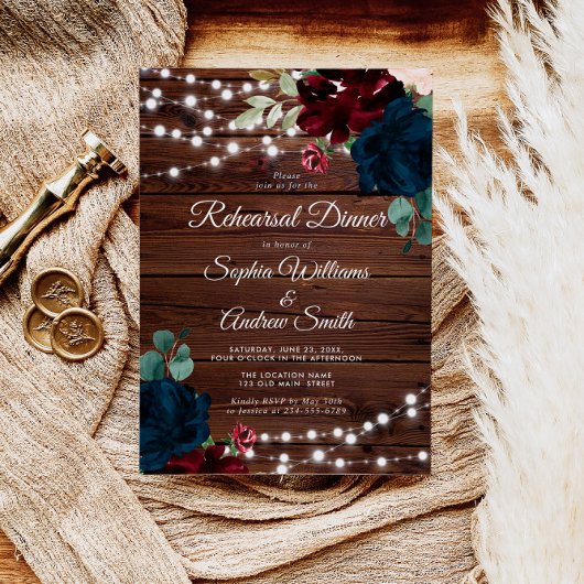 Marsala & Navy Flower Rustic Wood Rehearsal Dinner Kaart