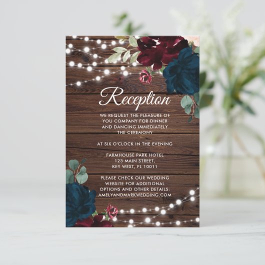 Marsala & Navy Flowers Reception Enclosure Kaart (Staand voorkant)