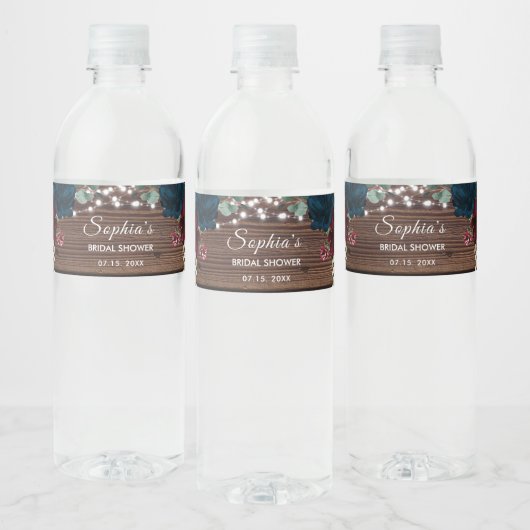 Marsala & Navy Flowers Rustic Bridal Water Labels Waterfles Etiket (Flessen)