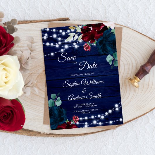 Marsala & Navy Flowers Rustic Save the Date