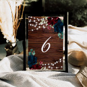 Marsala & Navy Flowers Rustic Wood 6 Tabelnummers Kaart