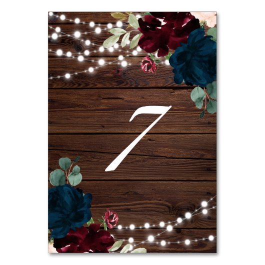 Marsala & Navy Flowers Rustic Wood 7 Tabelnummers Kaart (Voorkant)